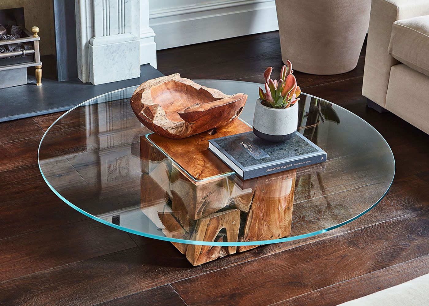 Teak Root Round Glass Coffee Table