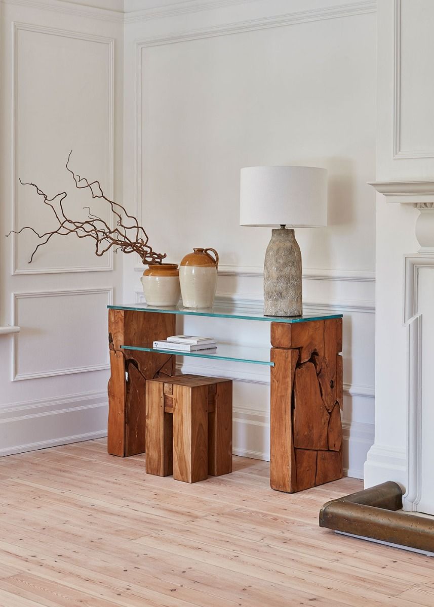 Teak Root Glass Console Table