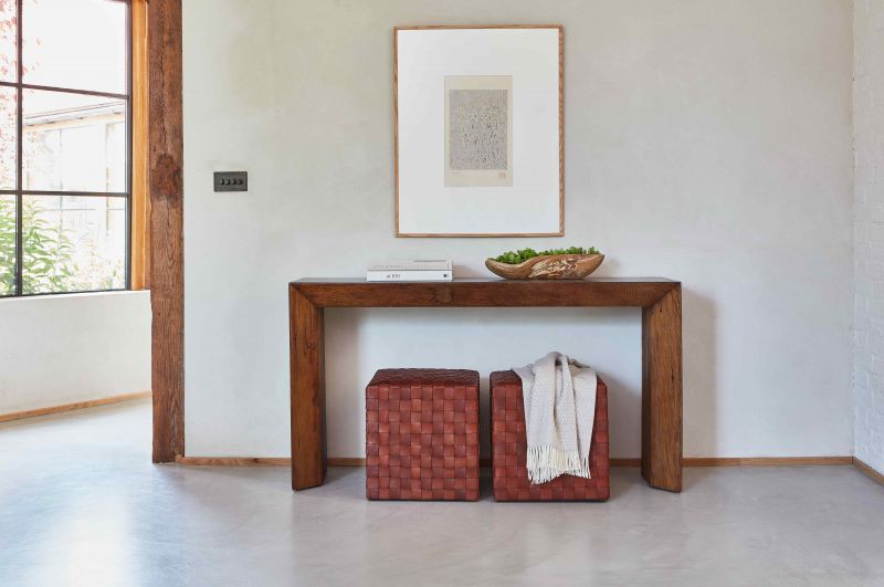 Woven Leather Cognac Footstool