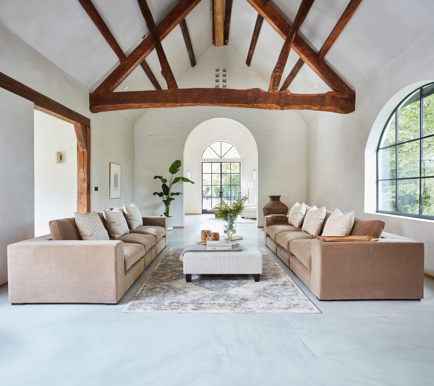 Raft modular sofa in a vaulted-ceiling living room